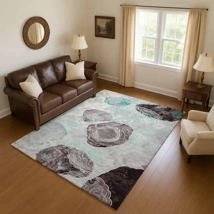 Teal Charcoal And Ivory Geometric Washable Area Rug With UV Protection Photo 4