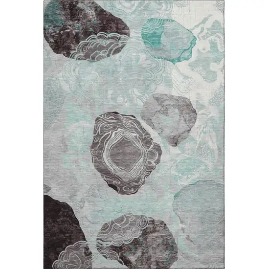 Teal Charcoal And Ivory Geometric Washable Area Rug With UV Protection Photo 3
