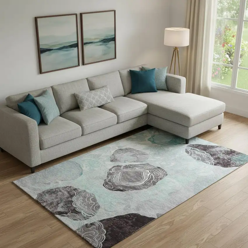 Teal Charcoal And Ivory Geometric Washable Area Rug With UV Protection Photo 2