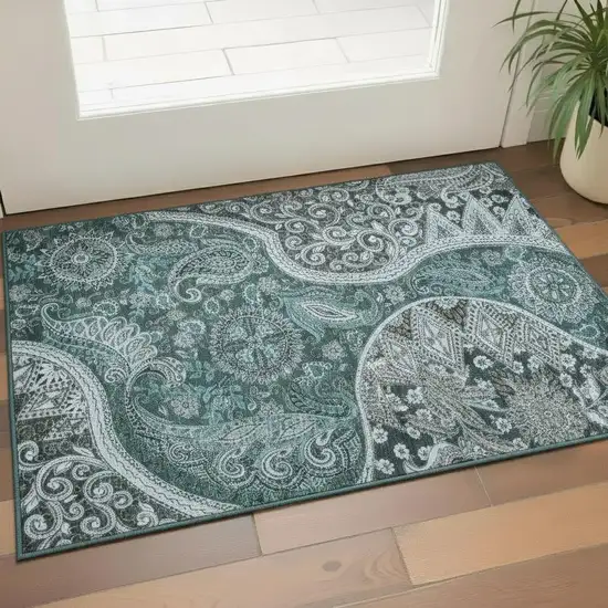 Teal Charcoal And Ivory Paisley Washable Area Rug With UV Protection Photo 2