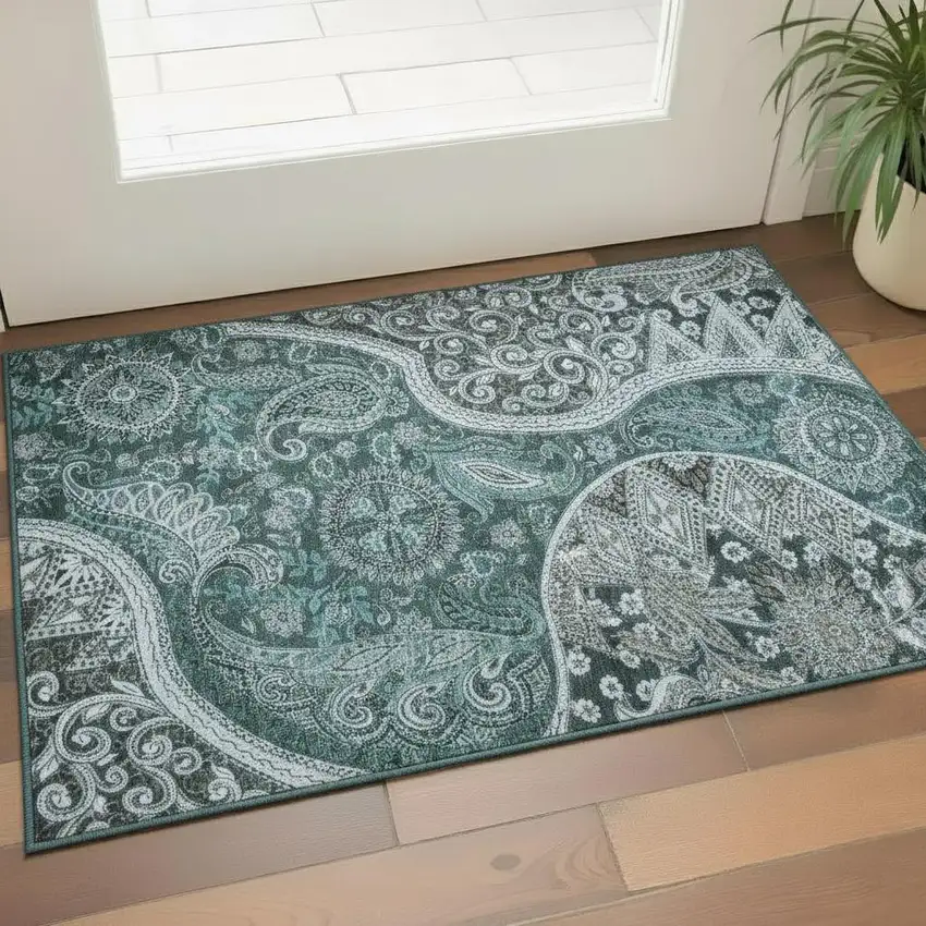 Teal Charcoal And Ivory Paisley Washable Area Rug With UV Protection Photo 2