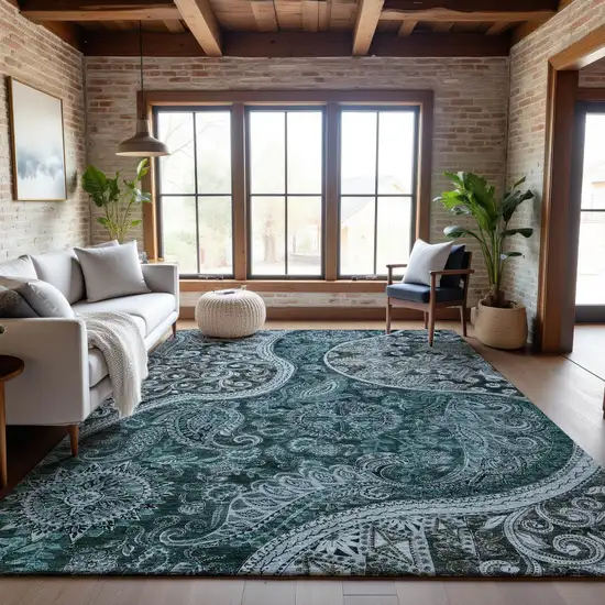 Teal Charcoal And Ivory Paisley Washable Area Rug With UV Protection Photo 4