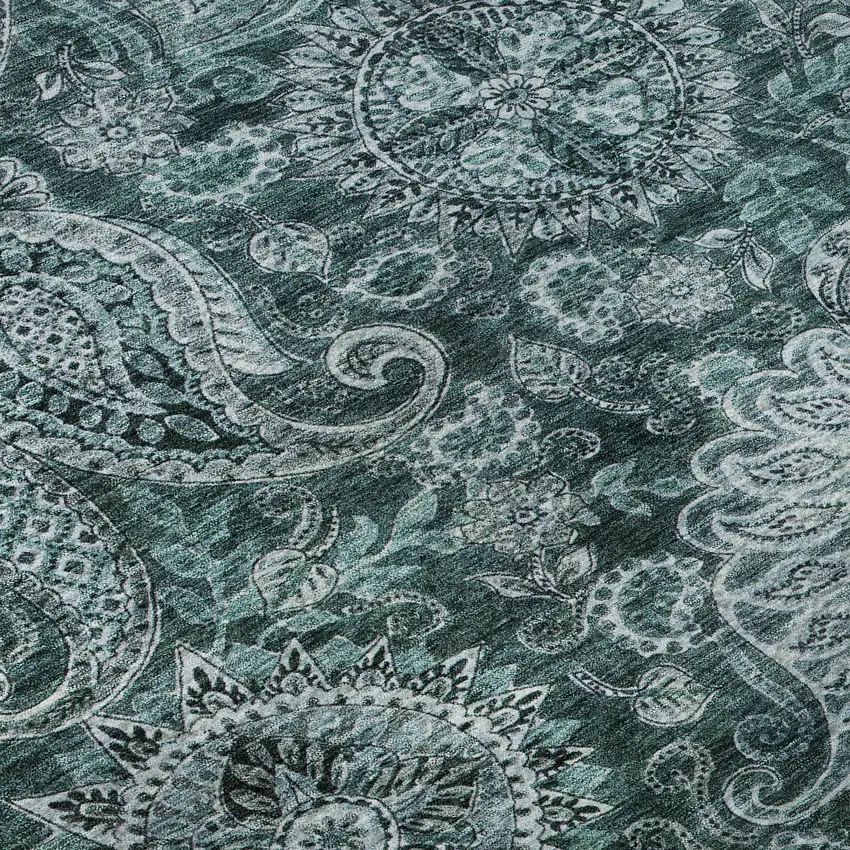 Teal Charcoal And Ivory Paisley Washable Area Rug With UV Protection Photo 9