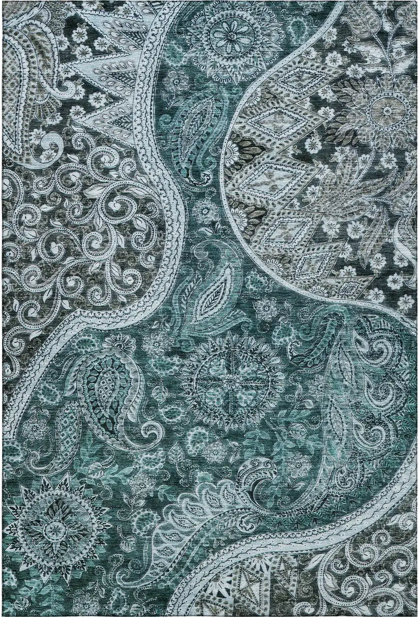Teal Charcoal And Ivory Paisley Washable Area Rug With UV Protection Photo 1