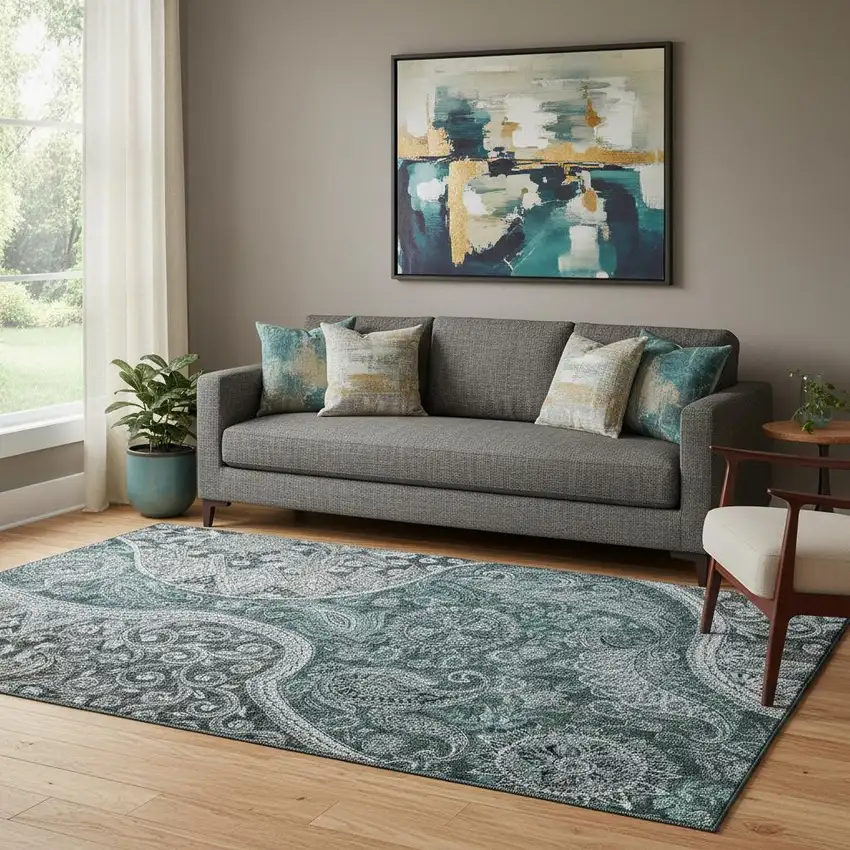 Teal Charcoal And Ivory Paisley Washable Area Rug With UV Protection Photo 2