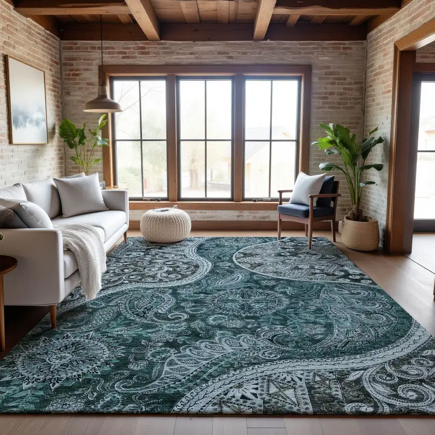 Teal Charcoal And Ivory Paisley Washable Area Rug With UV Protection Photo 4