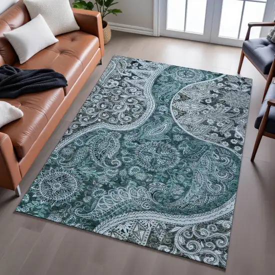 Teal Charcoal And Ivory Paisley Washable Area Rug With UV Protection Photo 5