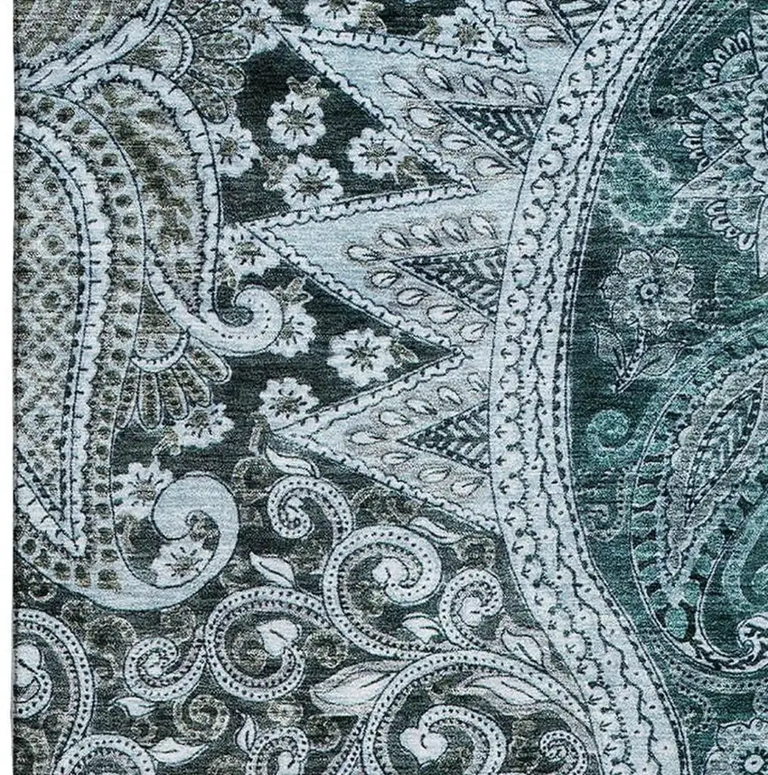 Teal Charcoal And Ivory Paisley Washable Area Rug With UV Protection Photo 3