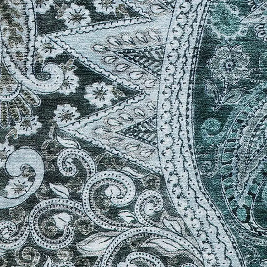 Teal Charcoal And Ivory Paisley Washable Area Rug With UV Protection Photo 2