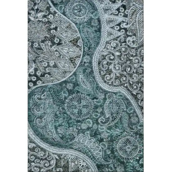 Teal Charcoal And Ivory Paisley Washable Area Rug With UV Protection Photo 3
