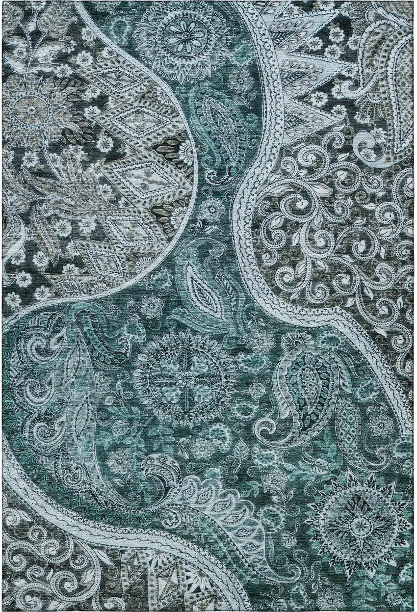 Teal Charcoal And Ivory Paisley Washable Area Rug With UV Protection Photo 3