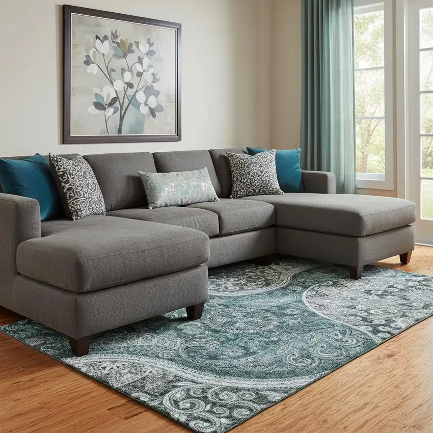 Teal Charcoal And Ivory Paisley Washable Area Rug With UV Protection Photo 2