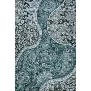 Photo of Teal Charcoal And Ivory Paisley Washable Area Rug With UV Protection