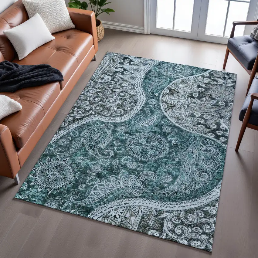 Teal Charcoal And Ivory Paisley Washable Area Rug With UV Protection Photo 5