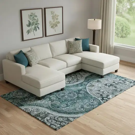Teal Charcoal And Ivory Paisley Washable Area Rug With UV Protection Photo 2