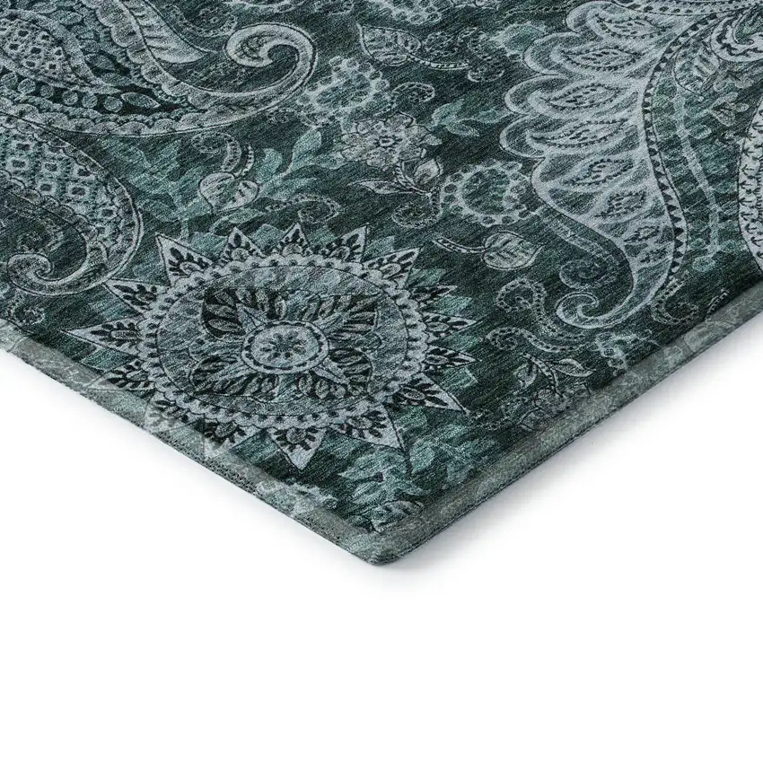 Teal Charcoal And Ivory Paisley Washable Area Rug With UV Protection Photo 7
