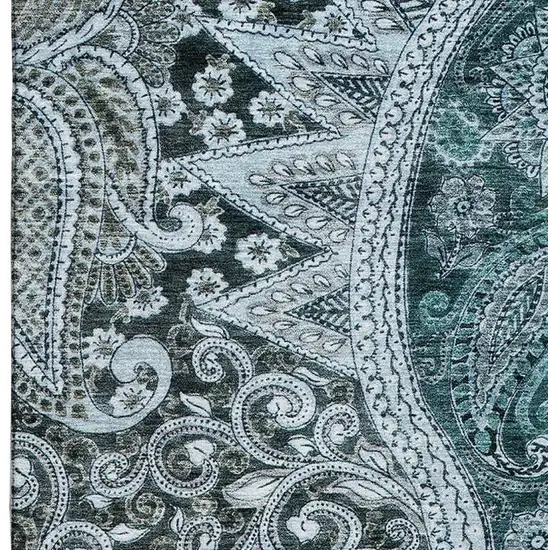 Teal Charcoal And Ivory Paisley Washable Area Rug With UV Protection Photo 3
