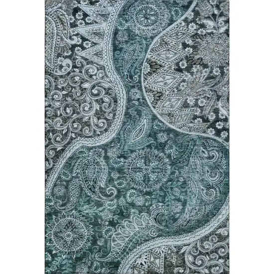 Teal Charcoal And Ivory Paisley Washable Area Rug With UV Protection Photo 1