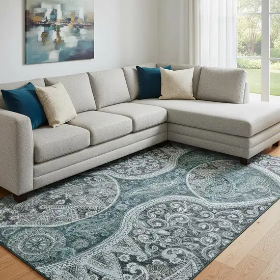 Teal Charcoal And Ivory Paisley Washable Area Rug With UV Protection Photo 2