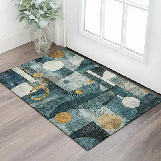 Teal Copper And Beige Abstract Geometric Washable Area Rug With UV Protection Photo 2