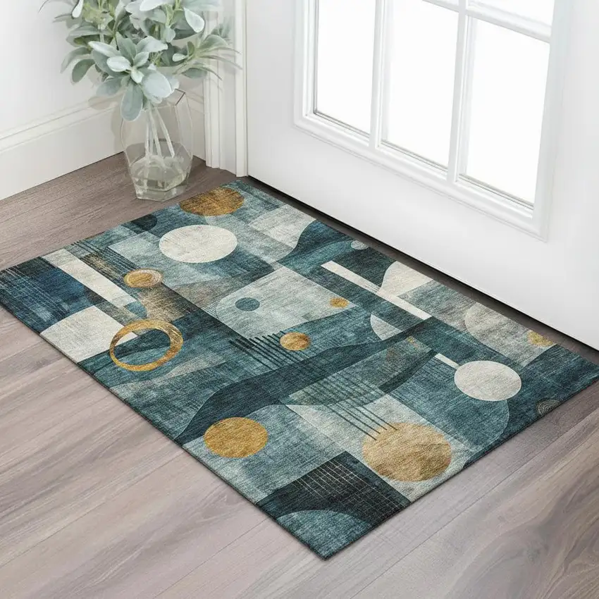 Teal Copper And Beige Abstract Geometric Washable Area Rug With UV Protection Photo 2