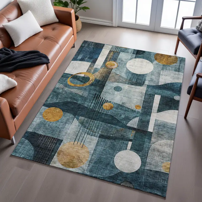 Teal Copper And Beige Abstract Geometric Washable Area Rug With UV Protection Photo 5