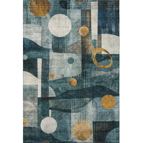 Teal Copper And Beige Abstract Geometric Washable Area Rug With UV Protection Photo 3
