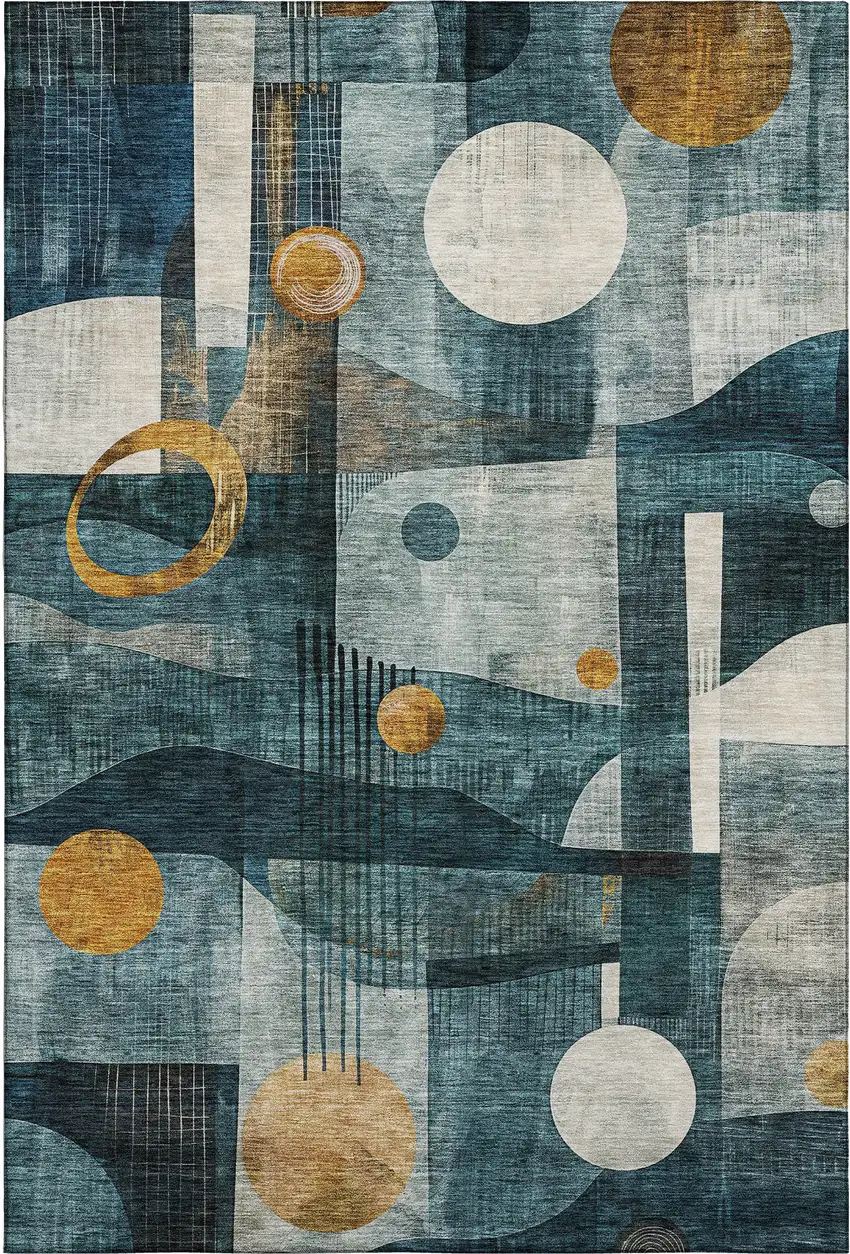 Teal Copper And Beige Abstract Geometric Washable Area Rug With UV Protection Photo 1