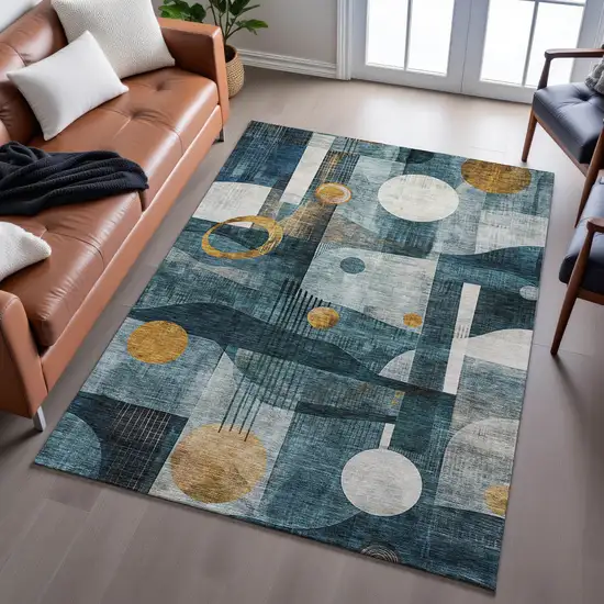 Teal Copper And Beige Abstract Geometric Washable Area Rug With UV Protection Photo 5