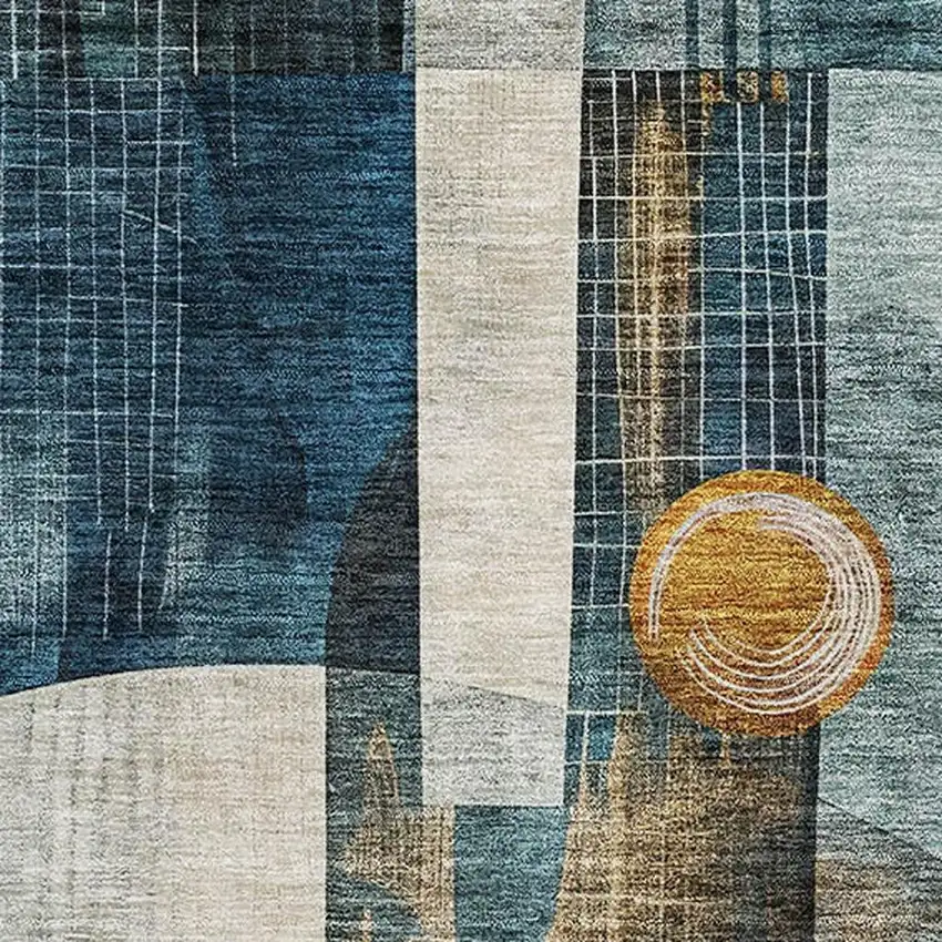 Teal Copper And Beige Abstract Geometric Washable Area Rug With UV Protection Photo 2