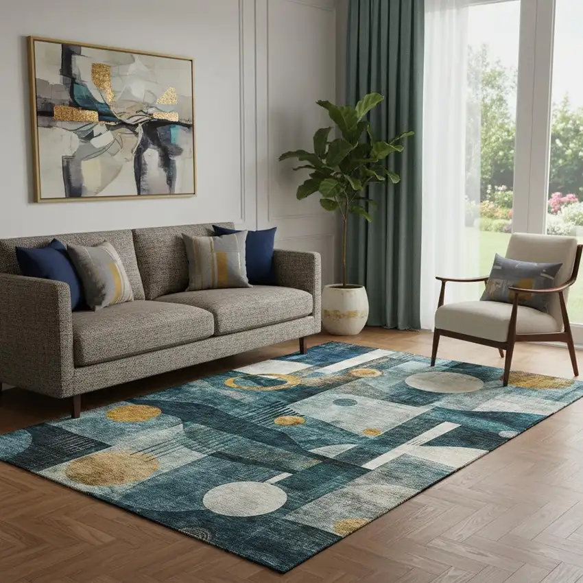 Teal Copper And Beige Abstract Geometric Washable Area Rug With UV Protection Photo 2