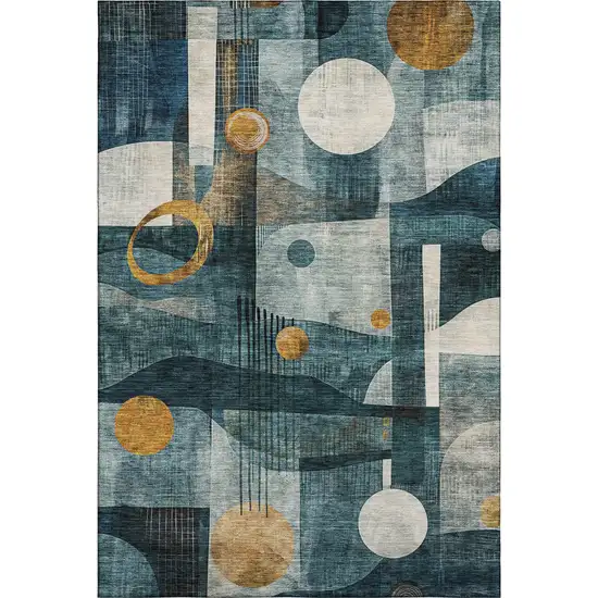 Teal Copper And Beige Abstract Geometric Washable Area Rug With UV Protection Photo 1
