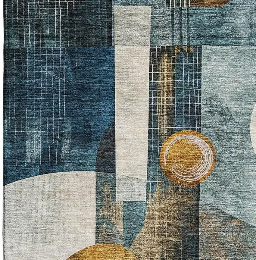 Teal Copper And Beige Abstract Geometric Washable Area Rug With UV Protection Photo 3