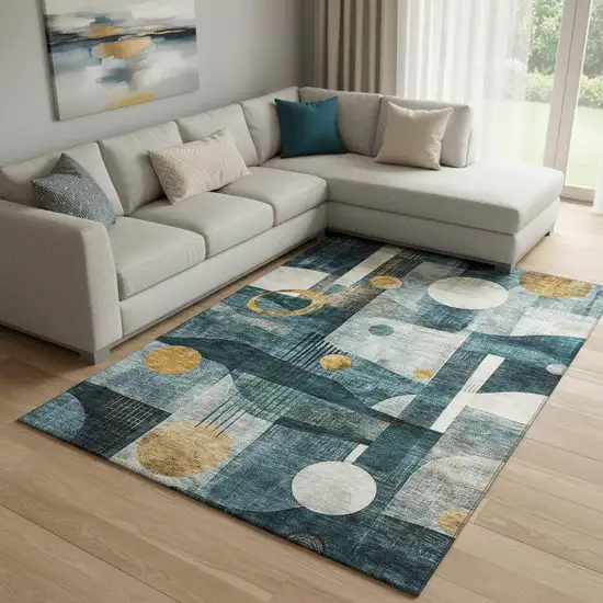 Teal Copper And Beige Abstract Geometric Washable Area Rug With UV Protection Photo 2