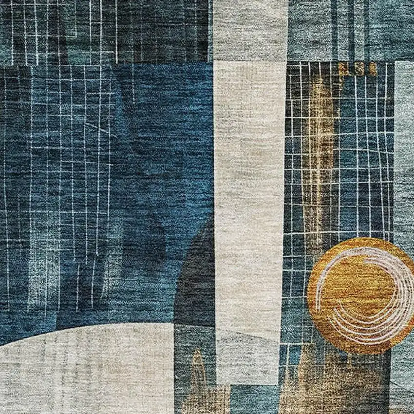 Teal Copper And Beige Abstract Geometric Washable Area Rug With UV Protection Photo 2