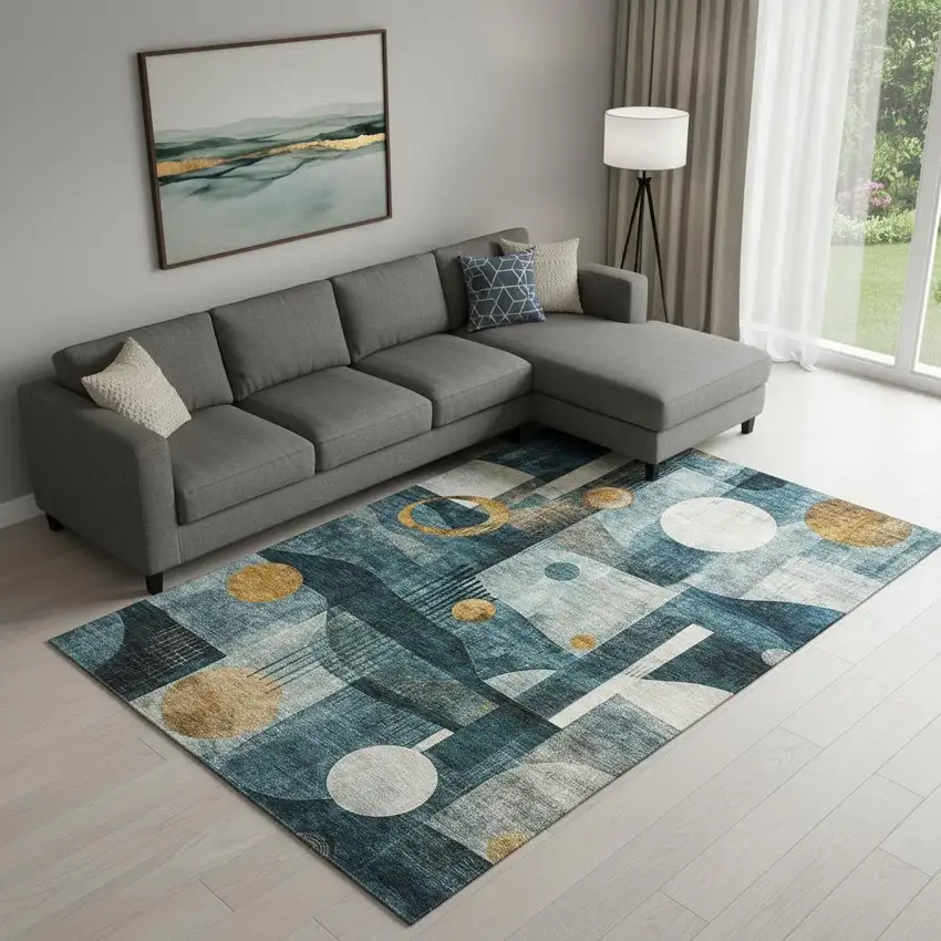Teal Copper And Beige Abstract Geometric Washable Area Rug With UV Protection Photo 2