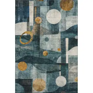 Photo of Teal Copper And Beige Abstract Geometric Washable Area Rug With UV Protection