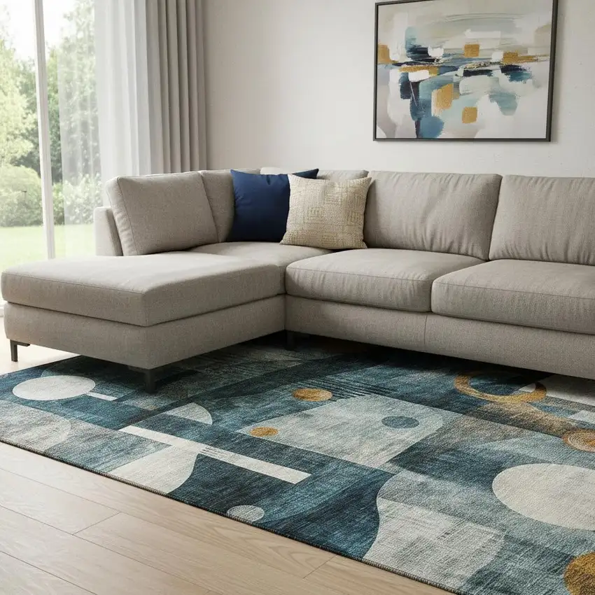 Teal Copper And Beige Abstract Geometric Washable Area Rug With UV Protection Photo 2