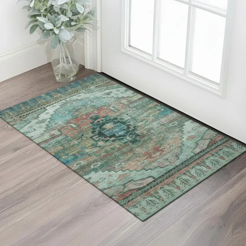Teal Copper And Gold Oriental Washable Area Rug With UV Protection Photo 2