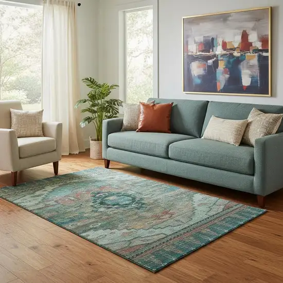 Teal Copper And Gold Oriental Washable Area Rug With UV Protection Photo 2