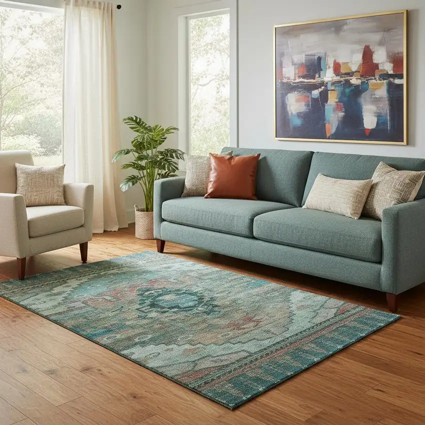 Teal Copper And Gold Oriental Washable Area Rug With UV Protection Photo 2