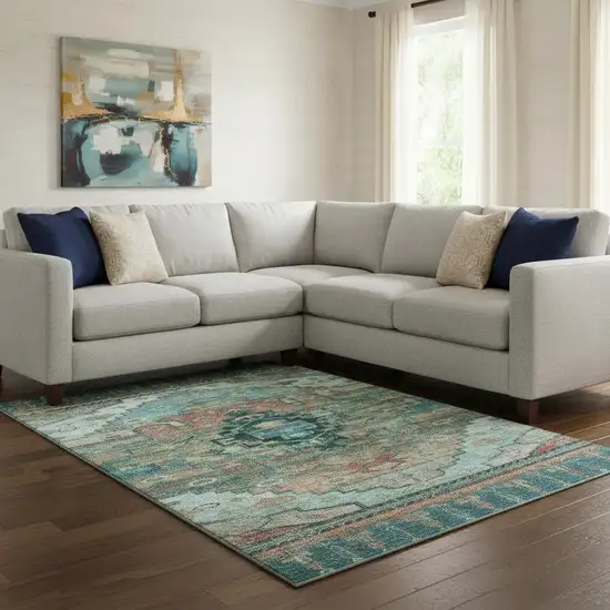 Teal Copper And Gold Oriental Washable Area Rug With UV Protection Photo 2