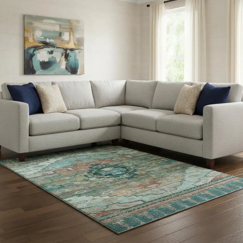 Teal Copper And Gold Oriental Washable Area Rug With UV Protection Photo 2