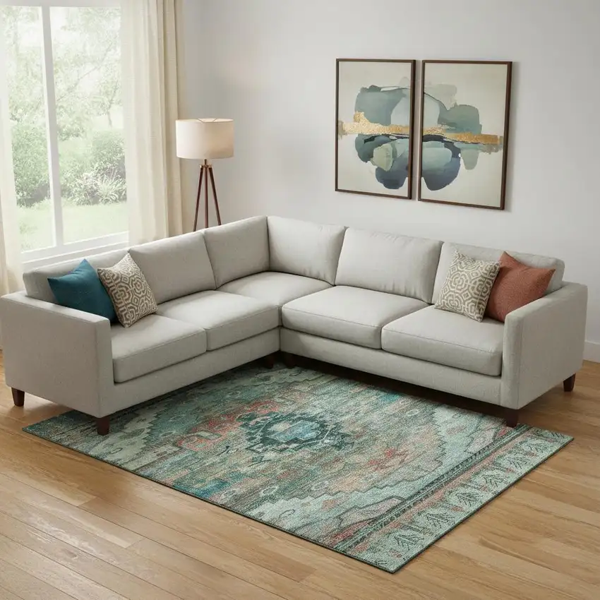 Teal Copper And Gold Oriental Washable Area Rug With UV Protection Photo 2