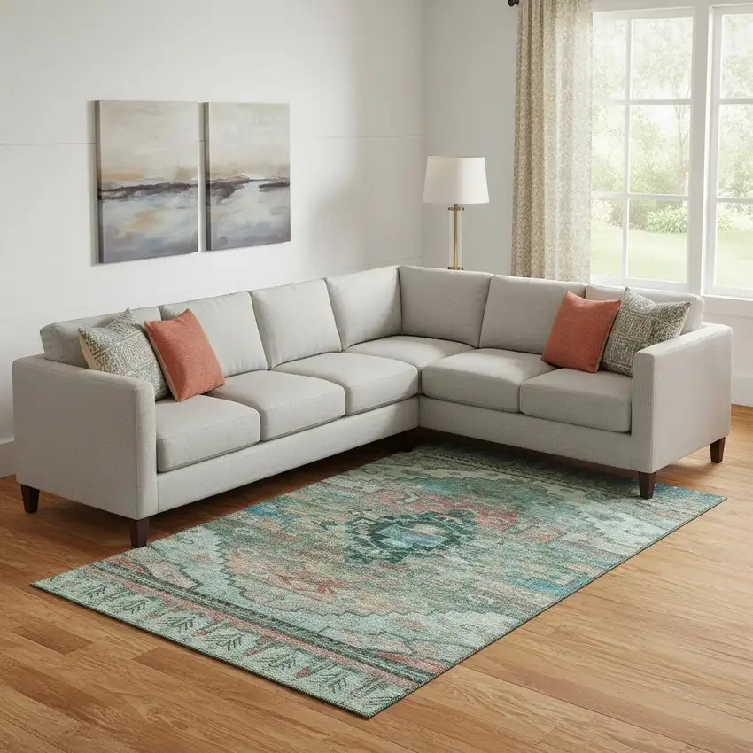 Teal Copper And Gold Oriental Washable Area Rug With UV Protection Photo 2