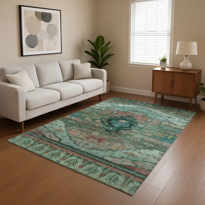 Teal Copper And Gold Oriental Washable Area Rug With UV Protection Photo 3