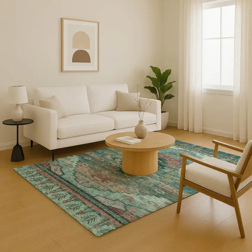 Teal Copper And Gold Oriental Washable Area Rug With UV Protection Photo 4