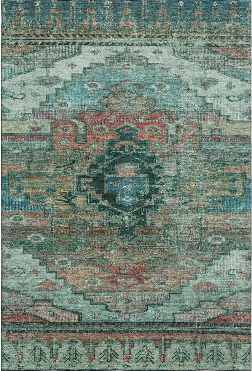 Teal Copper And Gold Oriental Washable Area Rug With UV Protection Photo 1