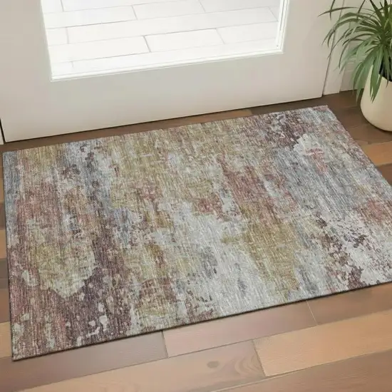Teal Copper And Gray Abstract Washable Area Rug With UV Protection Photo 2