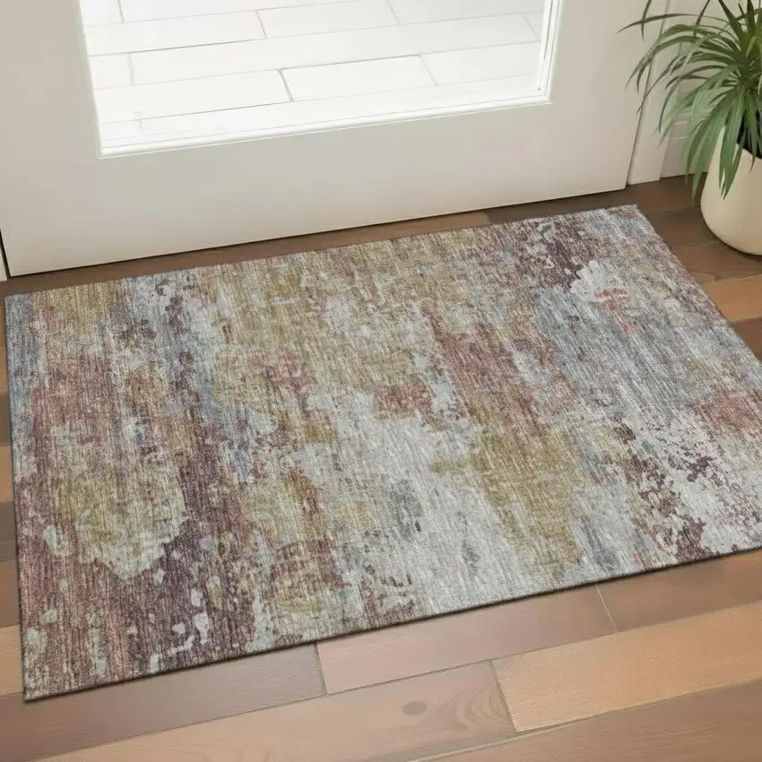 Teal Copper And Gray Abstract Washable Area Rug With UV Protection Photo 2